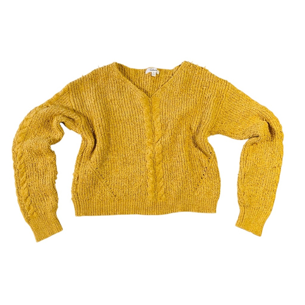 Takara mustard yellow gold cable knit fisherman v neck sweater medium M